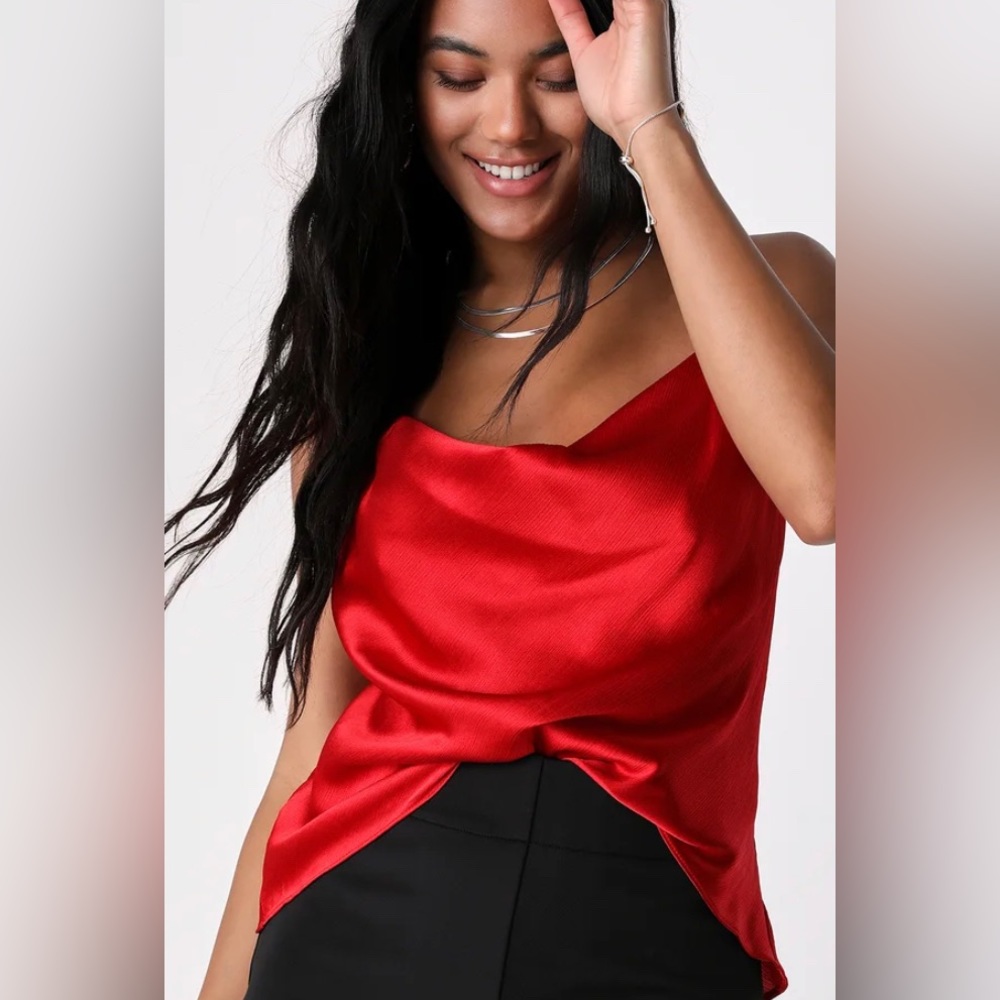 Lulu's Forever Classy Red Satin Cowl Neck Tank Top Size Small